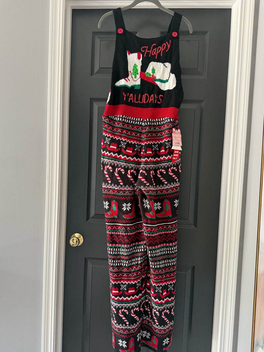 NWT Cowboy Christmas “Happy Y’allidays” Sweater Knit Overalls